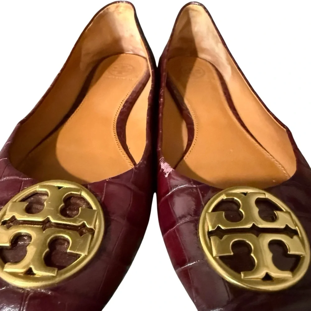 Tory Burch Burgundy Croc Embossed Leather Chelsea Ballet Flats Size 38.5 or‎ 8